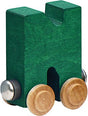 Nametrain Letter N wooden train car in green, part of a sustainable, non-toxic kids' name train set from Vermont.