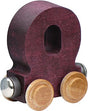 Nametrain Letter O wooden train car in dark stain with natural wheels, eco-friendly and magnetic for kids' play.