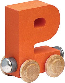 Nametrain Letter P wooden toy car in orange, part of a sustainable name train set for kids ages 3 and up.