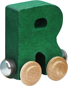 Nametrain Letter R wooden train car in green, sustainably made from maple, kid-friendly and magnetic for play.