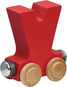 Nametrain Letter V wooden train car in red with natural wheels for kids, made from sustainable Vermont maple, non-toxic finish.