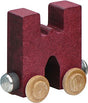Nametrain Letter W wooden train car in red stain with wheels, made from sustainably harvested maple wood.