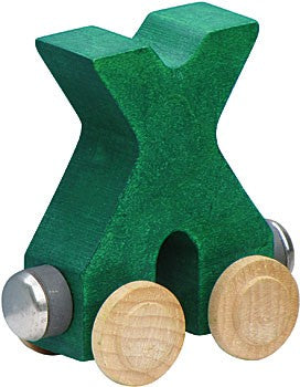 Nametrain Letter X wooden train car in green with natural wooden wheels, part of the NameTrain kids' toy set.