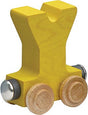 Nametrain Letter Y wooden train car in yellow with natural wheels, part of the kids' name train set from Maple Landmark.