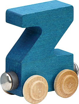 Nametrain Letter Z wooden train car in blue, sustainably made from Vermont maple for kids 3 and up.