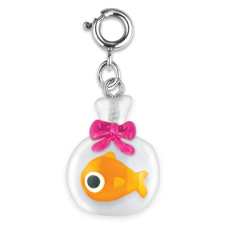 Lil Goldfish Charm featuring a 3D orange goldfish in a clear bag with a pink bow, perfect for bracelets or necklaces.