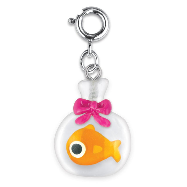 Lil Goldfish Charm featuring a 3D orange goldfish in a clear bag with a pink bow, perfect for bracelets or necklaces.