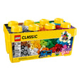 Classic Medium Creative Brick Box with 484 colorful LEGO pieces and wheels in a yellow storage container for creative building.