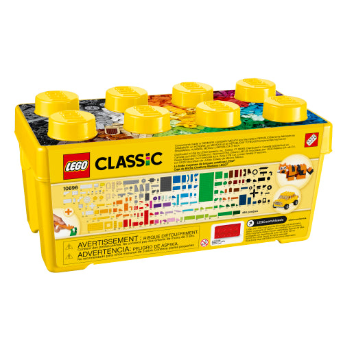 Classic Medium Creative Brick Box with 484 colorful LEGO bricks, wheels, baseplate, and storage container for creative building.