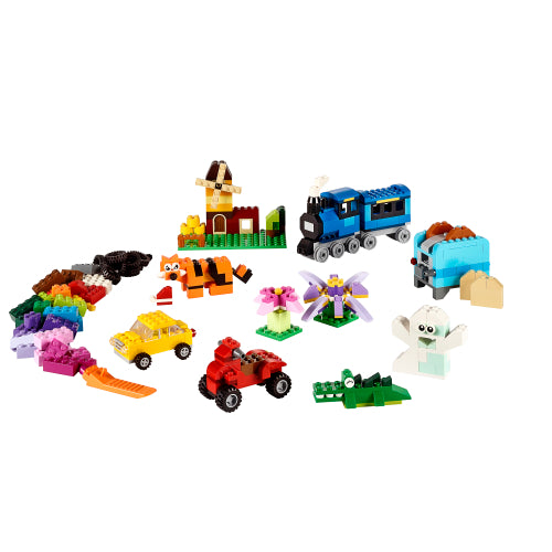 Classic Medium Creative Brick Box with colorful LEGO builds including a train, vehicles, animals, and flowers on a white background