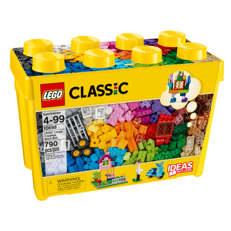 Classic Large Creative Brick Box with 790 colorful LEGO bricks and special pieces in a yellow storage container.