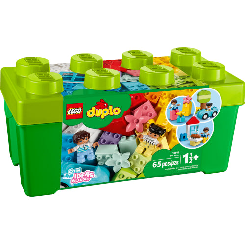LEGO Duplo Brick Box with 65 colorful toddler-friendly bricks and figures in a green storage container for ages 18 months and up.