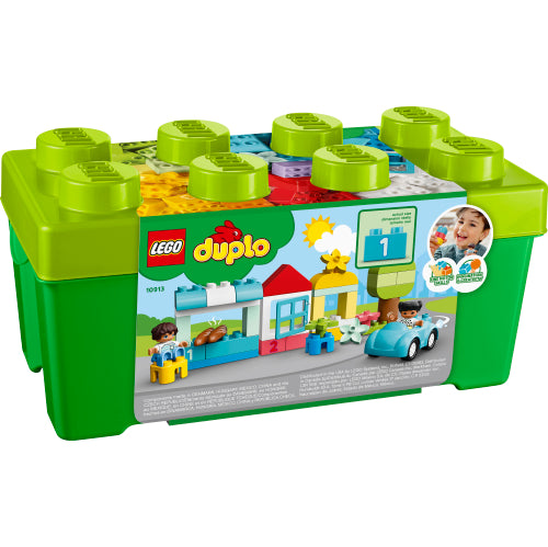 LEGO Duplo Brick Box with colorful toddler-friendly bricks, car, figures, and number-learning pieces in a green storage box.