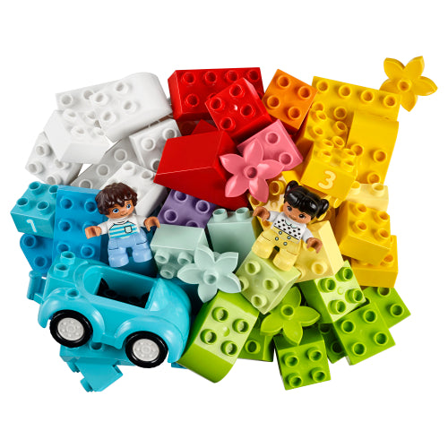 Duplo Brick Box with colorful bricks, figures, car, and flower pieces for creative toddler play and learning.