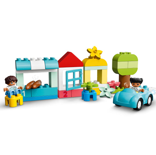 Duplo Brick Box with colorful bricks, figures, car, tree, and house for toddler imaginative play and learning.