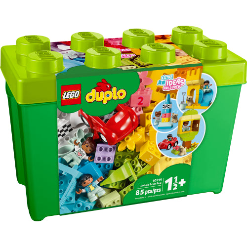 Duplo Deluxe Brick Box with 85 colorful toddler-friendly LEGO DUPLO bricks and fun building pieces in a green storage container.