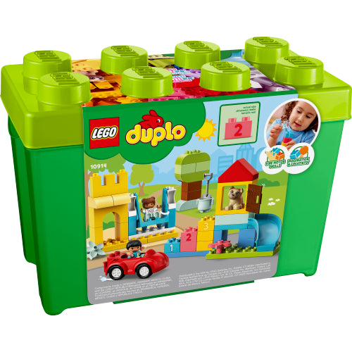 LEGO Duplo Deluxe Brick Box with colorful toddler-friendly bricks, including numbers, figures, and a yellow storage container.