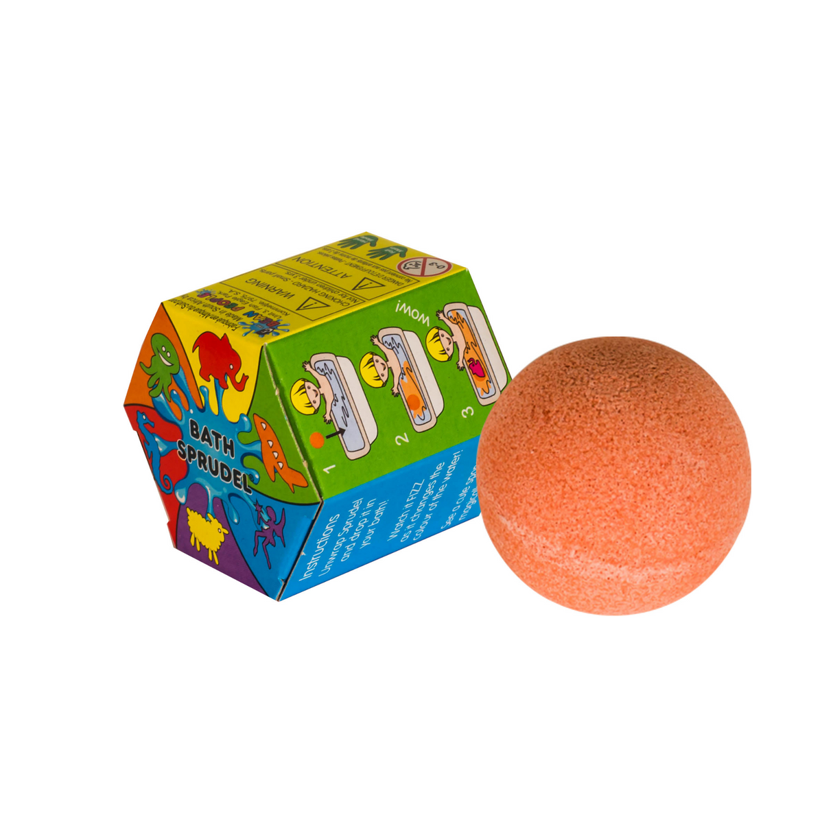 Sprudel Bath Bomb with colorful hexagonal packaging and orange bath bomb for fun, safe children's bath time.