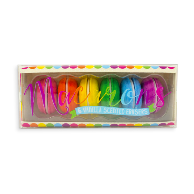 Macarons Vanilla-Scented Erasers set of six colorful pastry-shaped erasers in rainbow colors with vanilla scent.