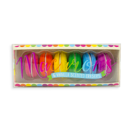 Macarons Vanilla-Scented Erasers set of six colorful pastry-shaped erasers in rainbow colors with vanilla scent.