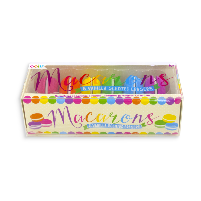 Macarons Vanilla-Scented Erasers set of six colorful pastry-shaped erasers with vanilla scent in clear packaging.