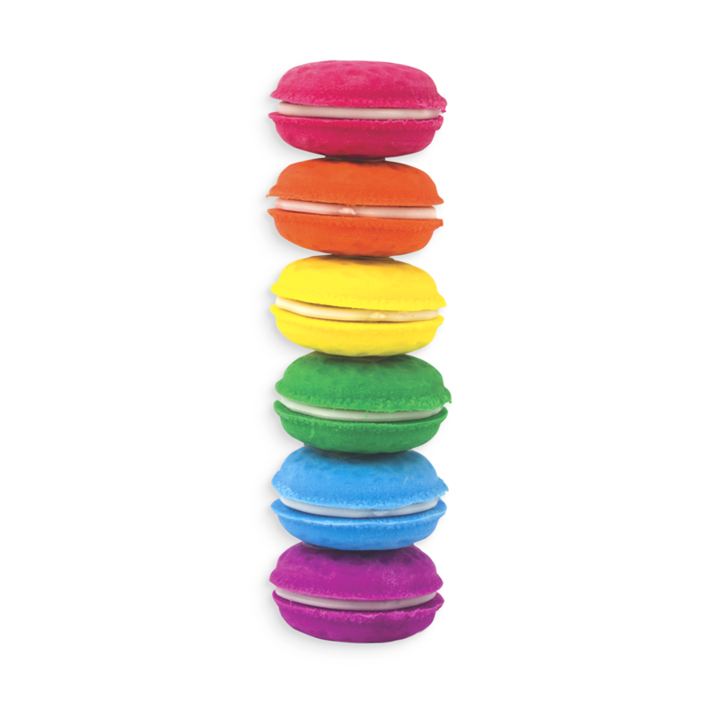 Macarons Vanilla-Scented Erasers in six bright colors stacked to resemble delicious French pastries.