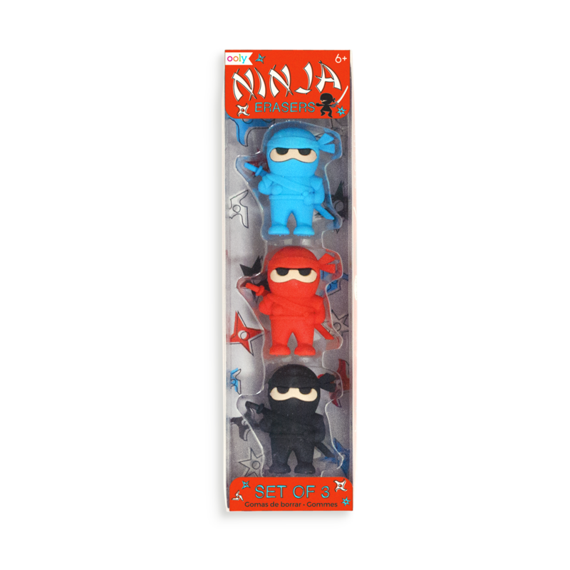 Ninja Erasers set of 3 in blue, red, and black colors shaped like ninjas to erase pencil marks with ease.