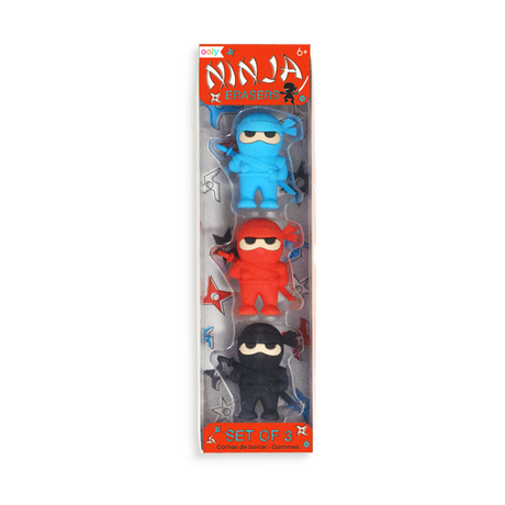 Ninja Erasers set of 3 in blue, red, and black colors shaped like ninjas to erase pencil marks with ease.