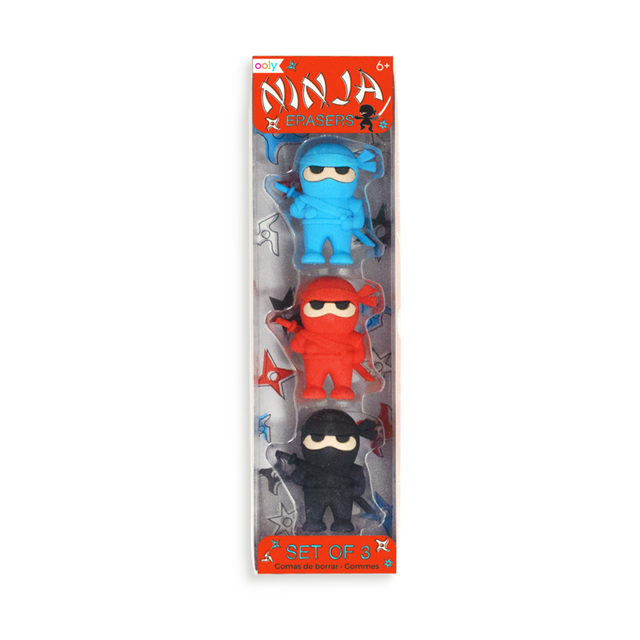 Ninja Erasers set of 3 in blue, red, and black colors shaped like ninjas to erase pencil marks with ease.