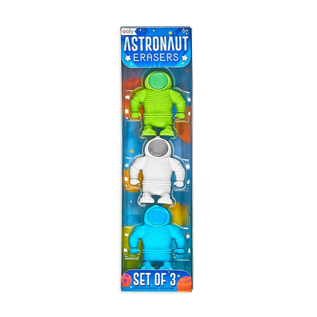 Astronaut Erasers set of three colorful astronaut-shaped pencil erasers in blue, green, and white for kids ages 6 and up.