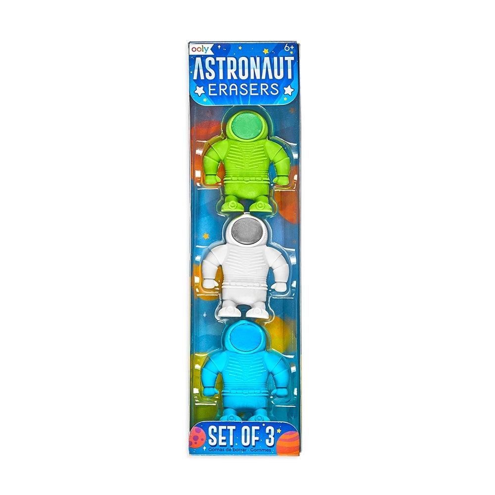 Astronaut Erasers set of three colorful astronaut-shaped pencil erasers in blue, green, and white for kids ages 6 and up.
