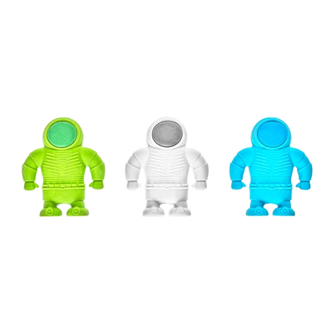 Astronaut Erasers set of three colorful space-themed pencil erasers in green, white, and blue for kids and students.
