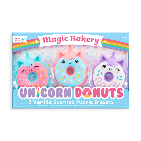 Unicorn Donuts Puzzle Erasers set with three vanilla scented, mix-and-match smiling unicorn donut erasers in pastel colors.