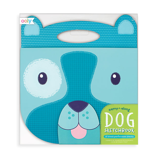 Carry Along Dog Sketchbook with a blue dog face design, handle for carrying, and velcro nose clasp for easy closure.