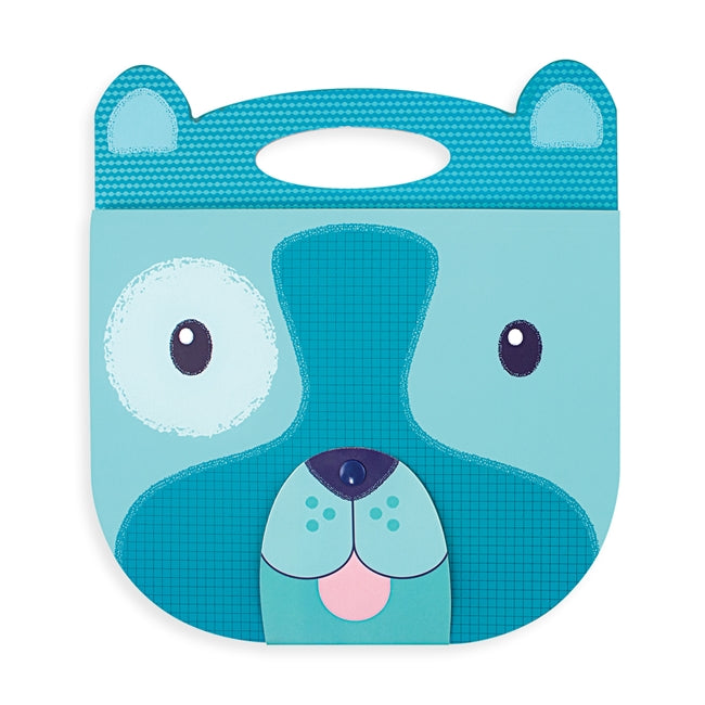 Carry Along Dog Sketchbook in blue with carry handle and velcro clasp shaped like a friendly dog face for art on-the-go.
