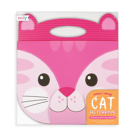 Carry Along Cat Sketchbook features a cute cat face with handle and velcro nose for art on-the-move.