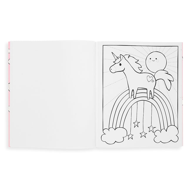 Open coloring book page showing a unicorn over a rainbow in the Color-In' Book Enchanting Unicorns.