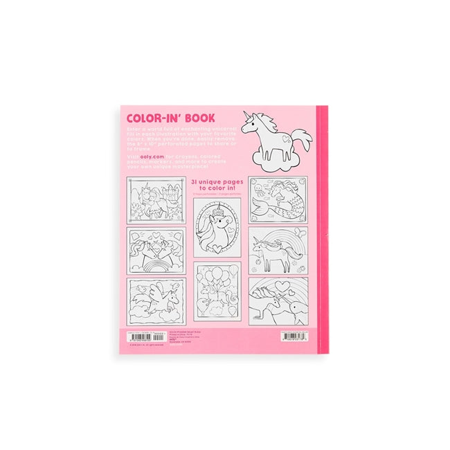 Color-In' Book Enchanting Unicorns showing back cover with 31 unique unicorn coloring pages and perforated sheets.