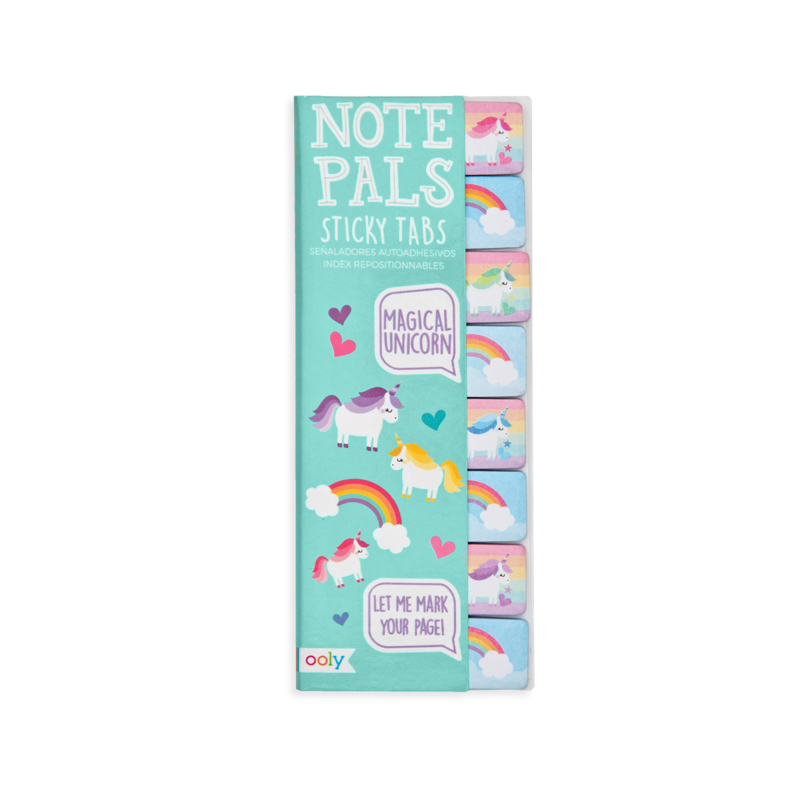 Note Pals Unicorns sticky tabs with 8 colorful unicorn and rainbow designs for fun and easy organization.