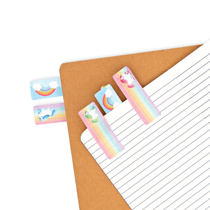 Note Pals Unicorns colorful sticky tabs with unicorn and rainbow designs marking pages in notebooks and folders.