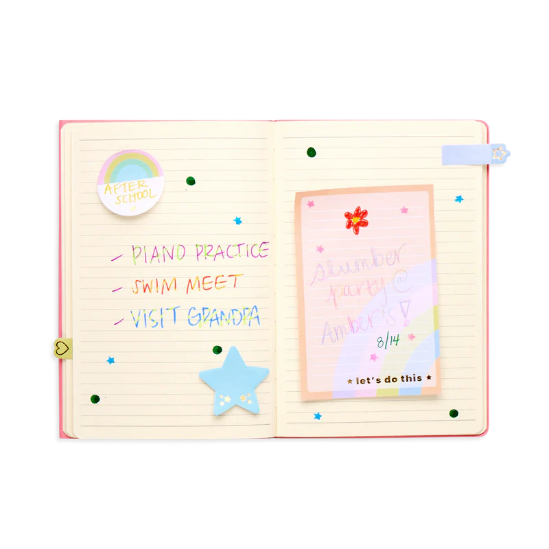 Pastel Rainbows Sticky Tabs on notebook pages with colorful notes, stars, and reminders for everyday tasks and events.