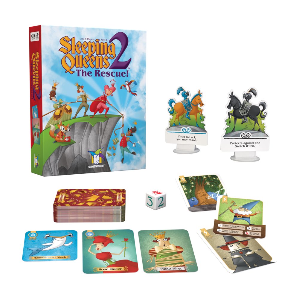 Sleeping Queens 2: The Rescue! board game with cards, custom die, and character standees for ages 8 and up.