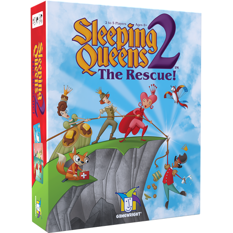 Sleeping Queens 2: The Rescue! game box featuring colorful queens rescuing a king with a rope on a cliff.