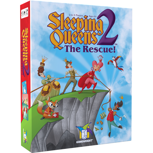 Sleeping Queens 2: The Rescue! game box featuring colorful queens rescuing a king with a rope on a cliff.