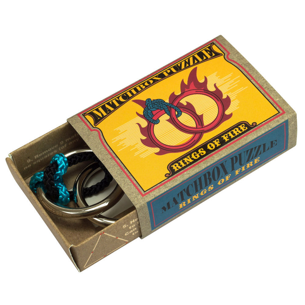 Matchbox Puzzle featuring the Rings of Fire brainteaser in a small, colorful matchbox gift box.