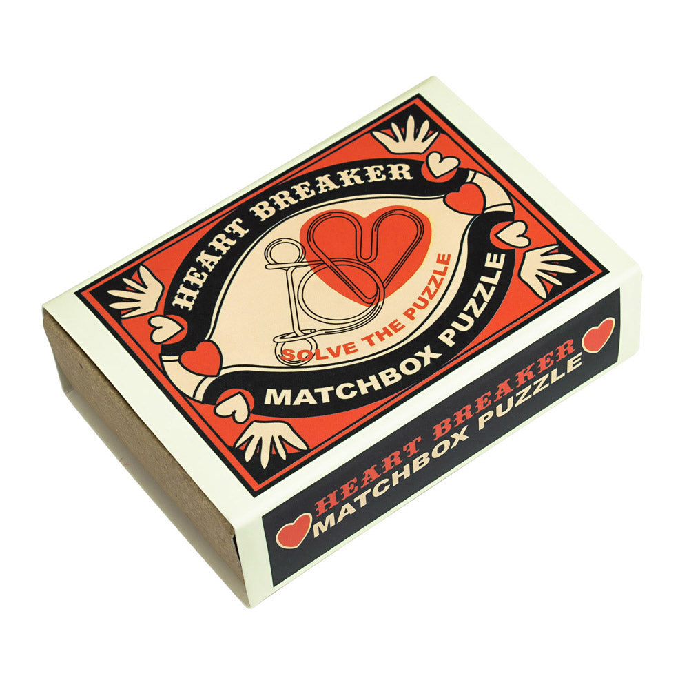 Heart Breaker Matchbox Puzzle in a small box featuring a heart and hands design, mini brainteaser gift.