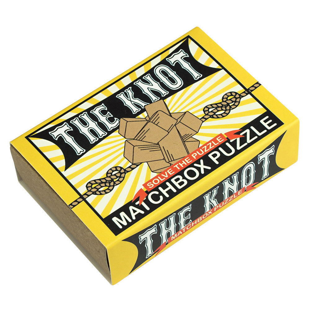 Matchbox Puzzle "The Knot" mini wooden puzzle in a bright yellow matchbox with rope and knot design on the cover.