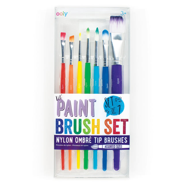 Lil Paint Brush Set with 7 colorful nylon ombré tip brushes in assorted sizes for creative painting projects.