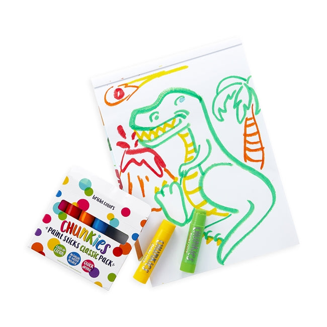 Chunkies Paint Sticks starter set with 6 vibrant colors beside dinosaur drawing on white paper.