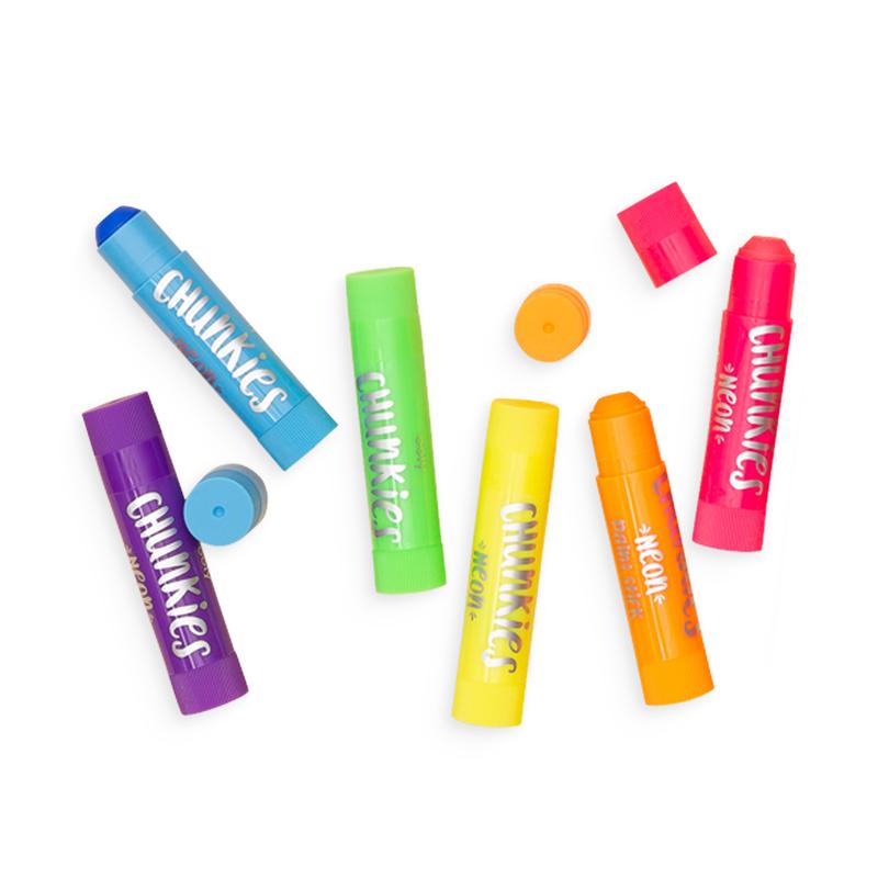 Chunkies Paint Sticks Neon set of 6 vibrant colors in thick barrels, easy for kids to hold and paint mess-free.